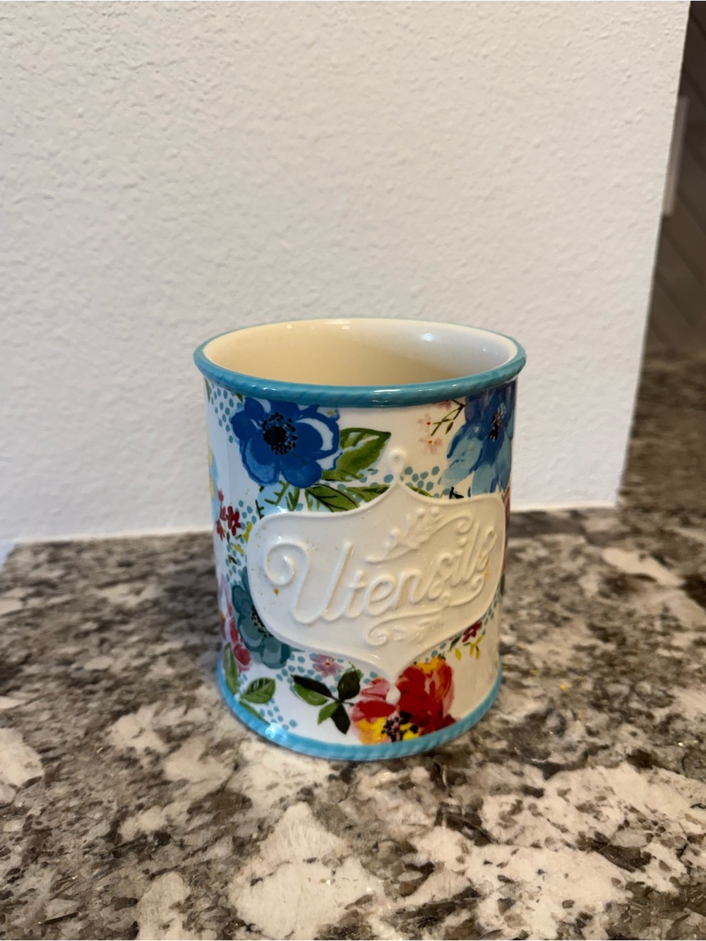 Floral Ceramic Utensil Holder - Blue Trim